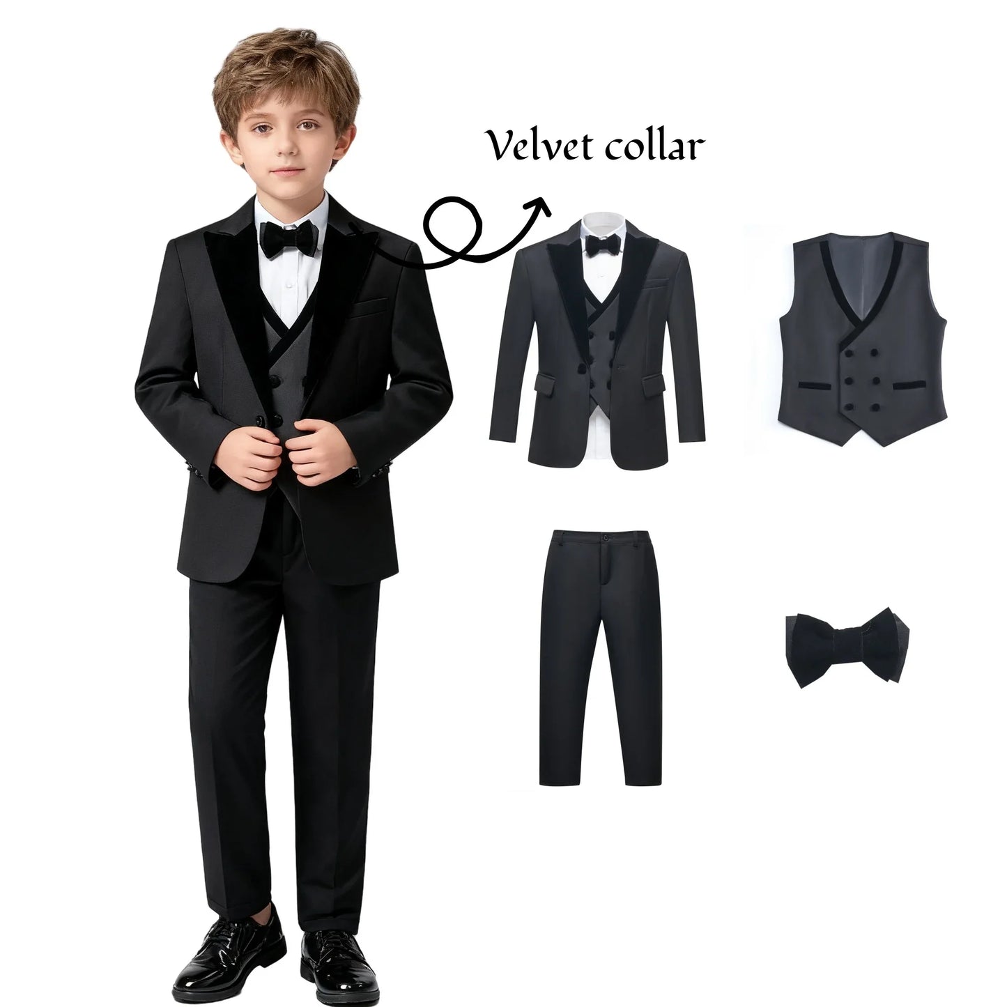 2025 New Kids Suit Set, 4 Pieces Formal Homecoming Suits for Boys, Jacket Vest Pants Bowtie Velvet Collar