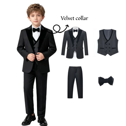 2025 New Kids Suit Set, 4 Pieces Formal Homecoming Suits for Boys, Jacket Vest Pants Bowtie Velvet Collar