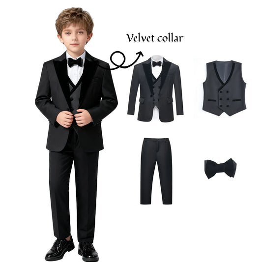 2025 New Kids Suit Set, 4 Pieces Formal Homecoming Suits for Boys, Jacket Vest Pants Bowtie Velvet Collar