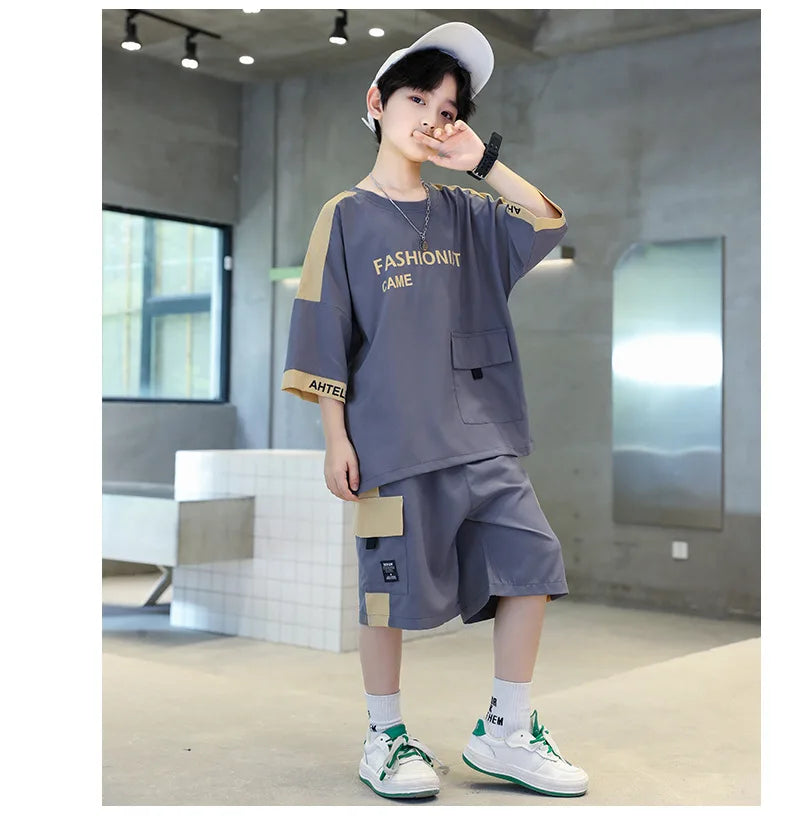 Summer Boys Patchwork Alphabet Half Sleeves T-Shirt Tops+Shorts Pant School Kids Tracksuit Child 2PCS Outfit Workout Set 5-16 Yr
