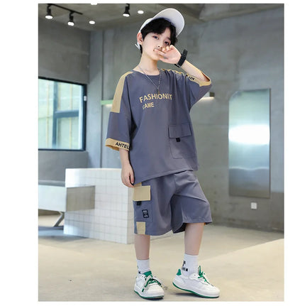 Summer Boys Patchwork Alphabet Half Sleeves T-Shirt Tops+Shorts Pant School Kids Tracksuit Child 2PCS Outfit Workout Set 5-16 Yr