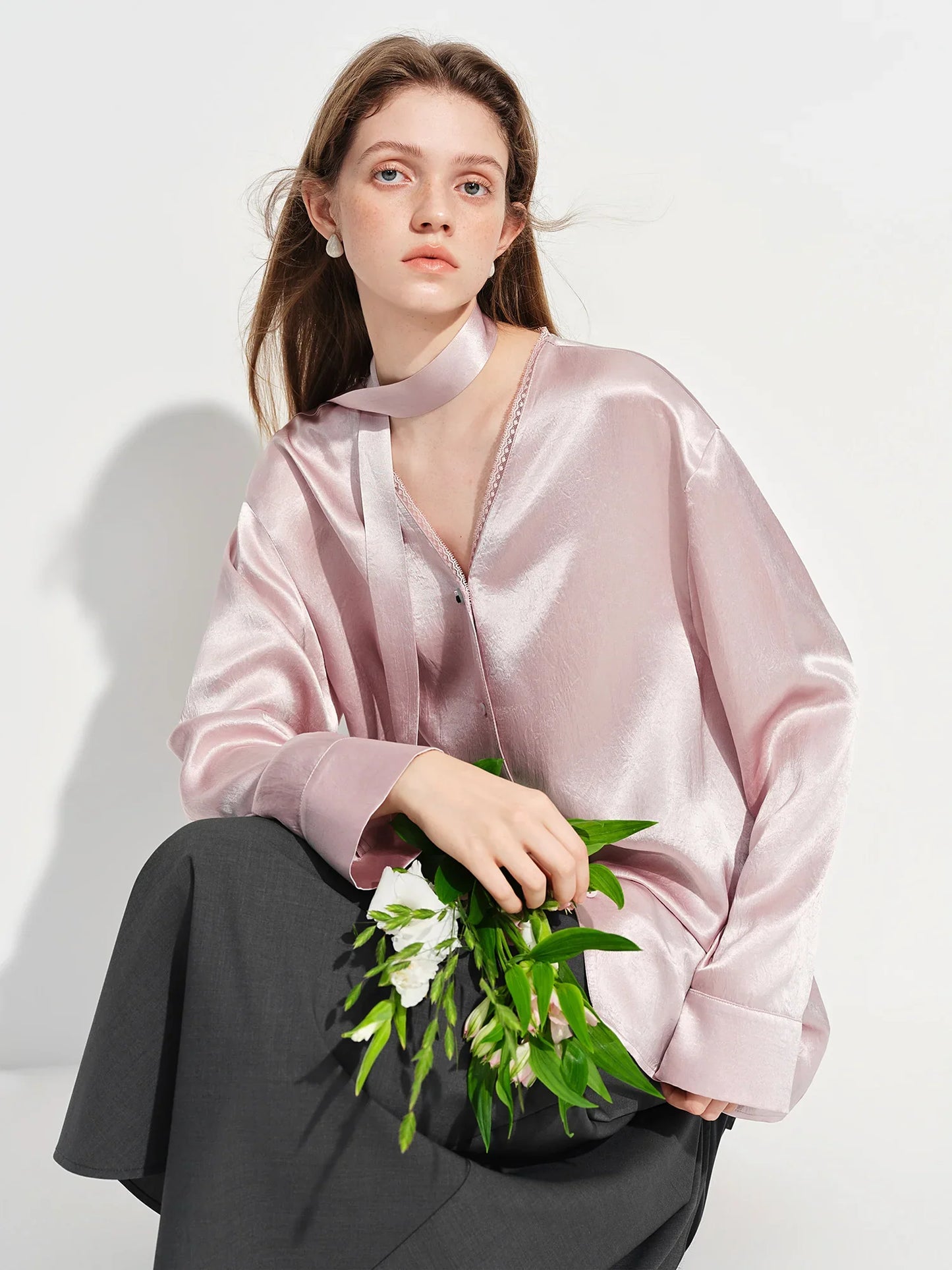 French-style Elegant V-neck Acetate Long-sleeved Shirts Women New Spring 2026 Design Satin Top Lace Bow