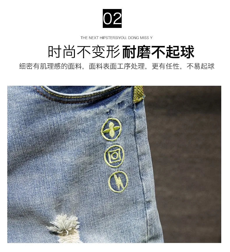New Summer Fashion Trend Ripped Straight Tube Printed Denim Shorts Men's Casual Loose Comfortable Sports High Quality Pants