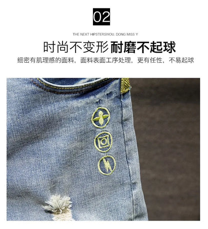New Summer Fashion Trend Ripped Straight Tube Printed Denim Shorts Men's Casual Loose Comfortable Sports High Quality Pants