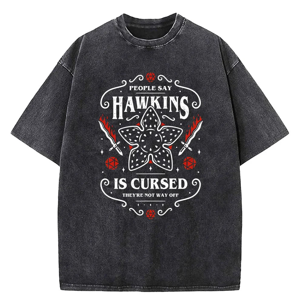 Demogorgon Hawkins Vintage Washed T Shirt Women Men Anime Cotton T Shirt Summer Harajuku Street Tops Clothing