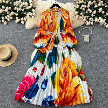 Ele High-End Women's Dr Faionable Beaded round Ne Hollow out Pleated Lantern Sve Waist Cinched Floral Print Lon...