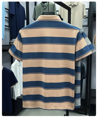 Light luxury striped color blocked short sleeve polo shirt brand symbol emboss high-end casual summer silky smooth men's T-shirt