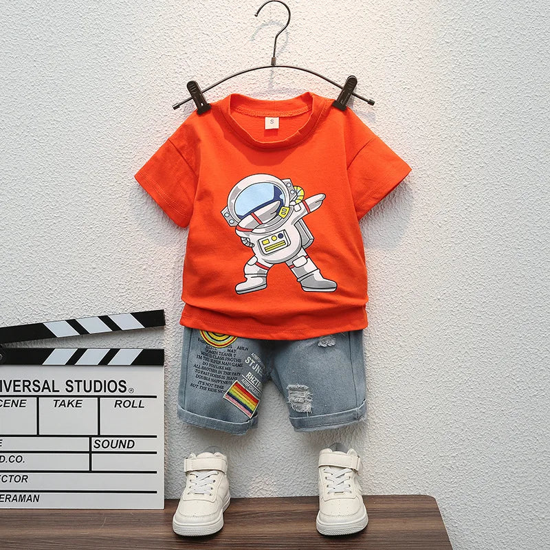 Summer New Baby Boys Clothes Cartoon Sports T-Shirt + Ripped Denim Shorts Sets for Toddler Infant Clothing Casual Outfits
