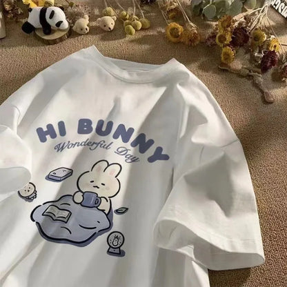Summer Japanese Cute Tea-drinking Rabbit Printed Short-sleeved T-shirt for Ladies and Boys Same Loose Casual Large-size Top