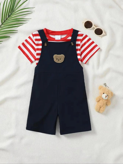 2pcs Baby Boy Clothing Set Red Stripes Short Sleeve T-Shirt with Bear Embroidery And Overalls Casual Comfortable Cute Outfit