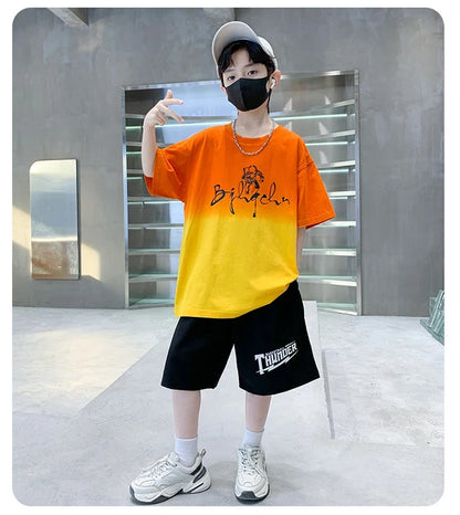 Kids Boy New Summer Suit Tie Dye T-shirt + Cargo Shorts 2 Pieces Tracksuit for Teens Child Shorts Sleeve Clothing Set Age 4 - 14