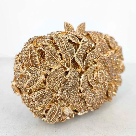 Women Gold Flower Clutch Evening Bags Bridal Wedding Handbags Formal Party Rhinestones Floral Purses