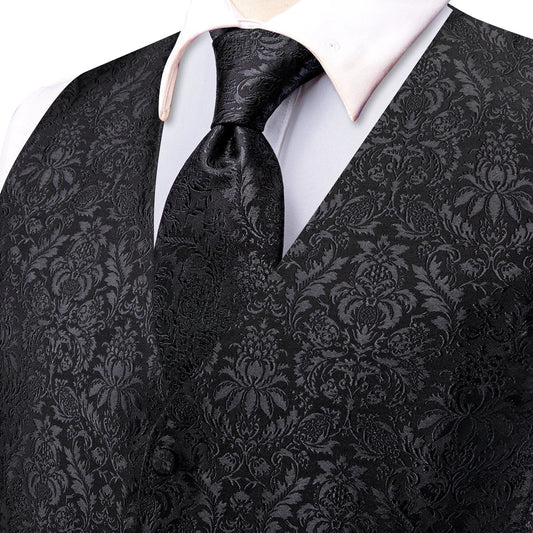 4PC Black Silk Mens Suit Vests Woven Floral Waistcoat Tie Pocket Square Cufflink Business Wedding Dress Waist Jacket
