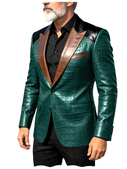Men's Crocodile Embossed Leather Blazer Luxury Patchwork PU Leather Suit Jacket Slim Fit Peaked Lapel Casual Business Outerwear