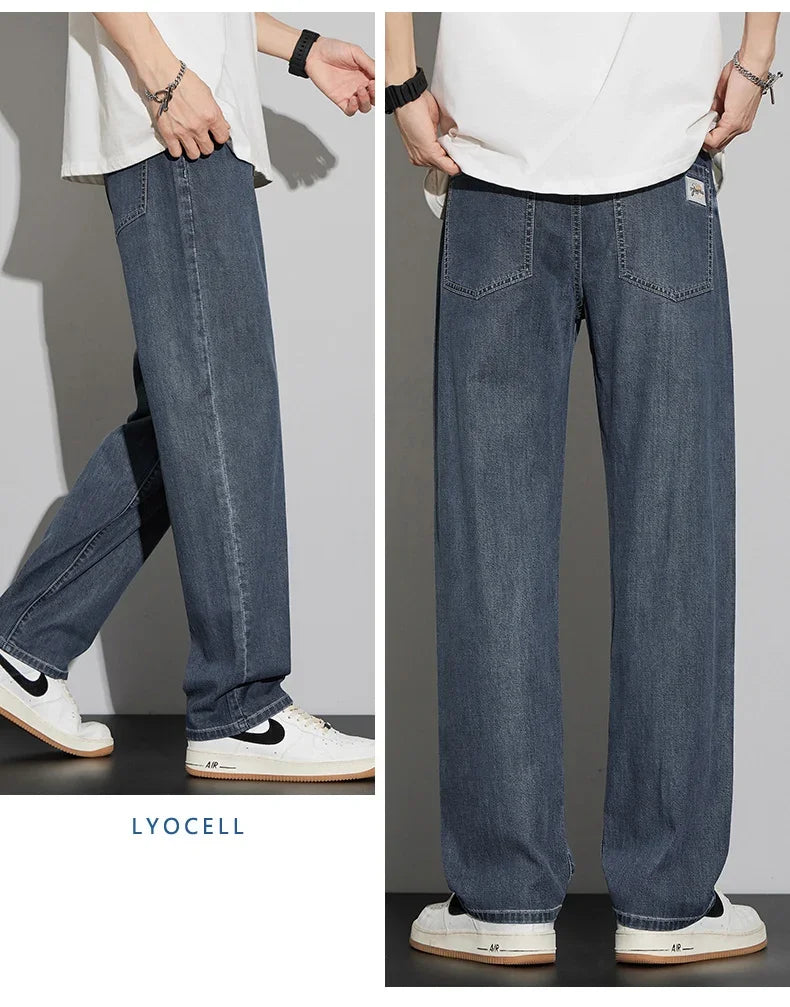 2025 New Lyocell Summer Thin Business Male Pants Jeans Men's High Waist Loose Comfortable Straight Elastic Denim Trousers