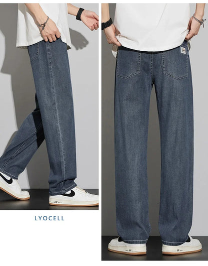 2025 New Lyocell Summer Thin Business Male Pants Jeans Men's High Waist Loose Comfortable Straight Elastic Denim Trousers