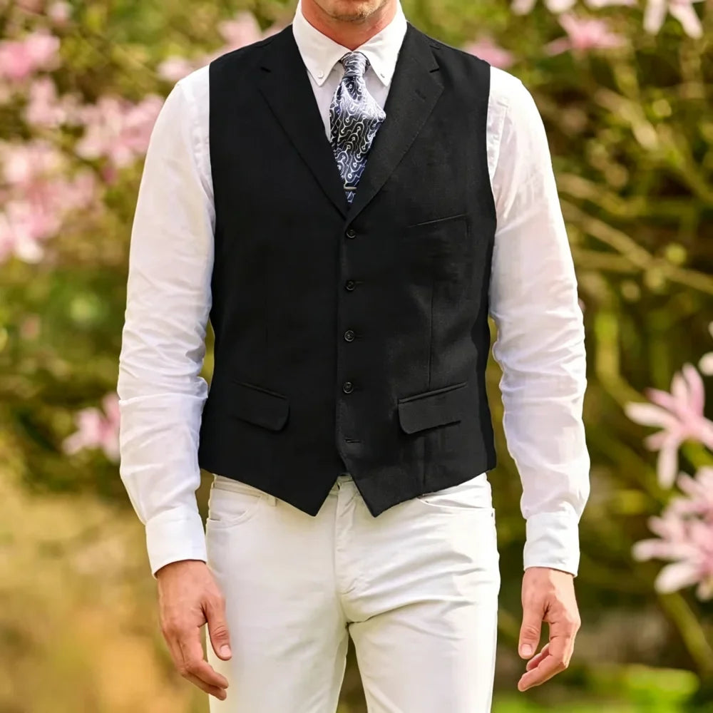 Men's Linen Suit Vest Lapel Sleeveless Summer Linen Waistcoat Single Breasted  For Beach Wedding Holiday Mens Gilet