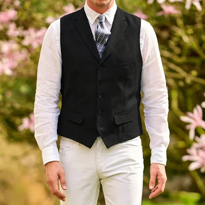 Men's Linen Suit Vest Lapel Sleeveless Summer Linen Waistcoat Single Breasted  For Beach Wedding Holiday Mens Gilet