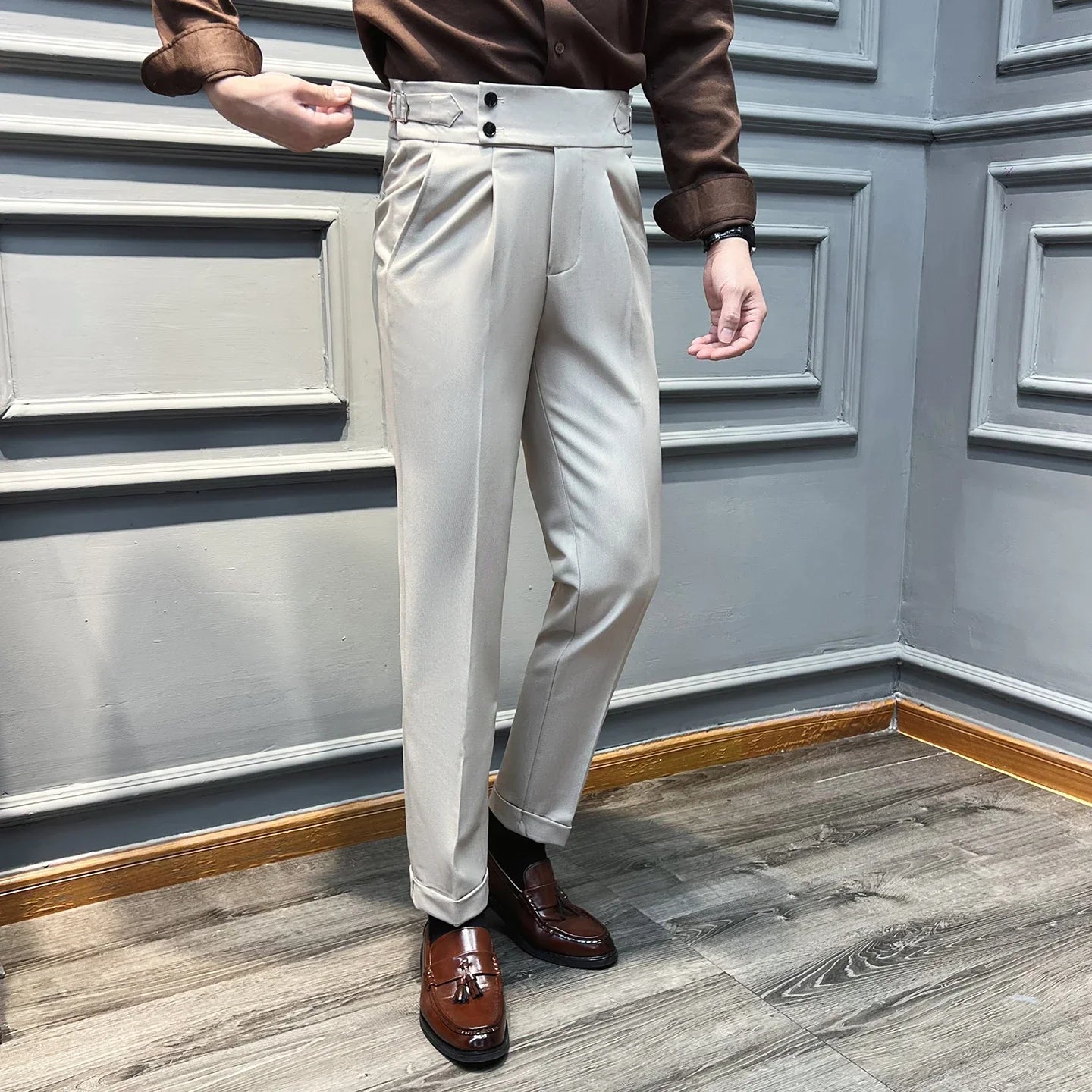 Italian Style Naples High Waisted Straight Pants Men High Quality Solid Color Business Casual Formal Office Social Suit Pants