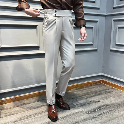 Italian Style Naples High Waisted Straight Pants Men High Quality Solid Color Business Casual Formal Office Social Suit Pants