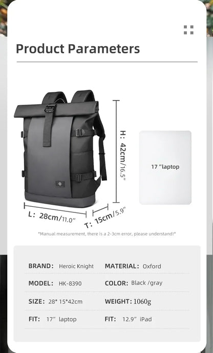 Waterproof Roll-Top Backpack for Men Large Capacity Expandable 17 Inch Laptop Bag Leisure Travel Backpack Hiking Camping Bags