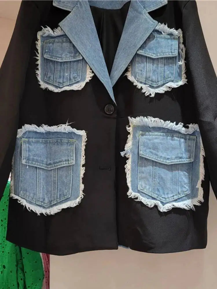 Women Black Denim Pocket Burr Big Size Casual Blazer New Lapel Long Sleeve Jacket Fashion Tide Spring Autumn 2026 1DJ8813