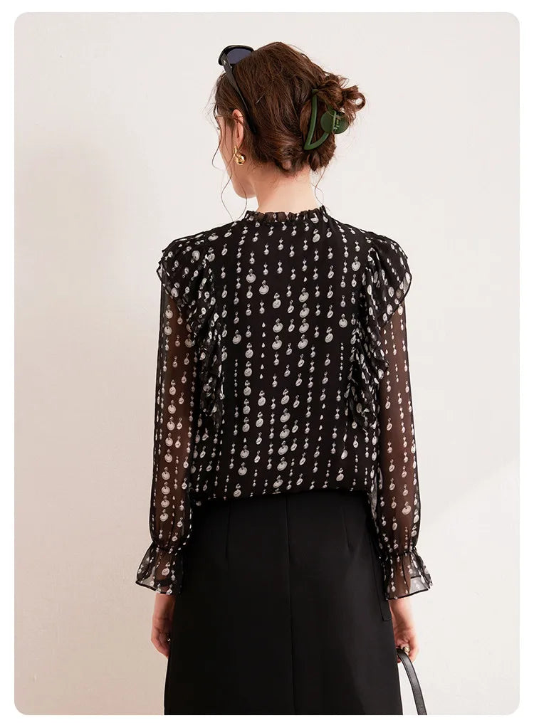 2024 Sweet Printed Stand up Collar Shirt Autumn Edition Gentle Bubble Sleeves Non Elastic Women's Shirt