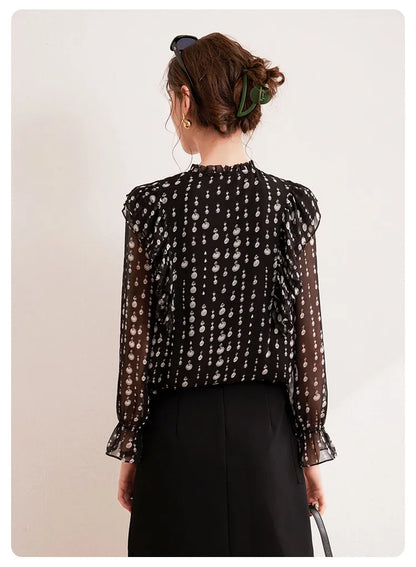2024 Sweet Printed Stand up Collar Shirt Autumn Edition Gentle Bubble Sleeves Non Elastic Women's Shirt