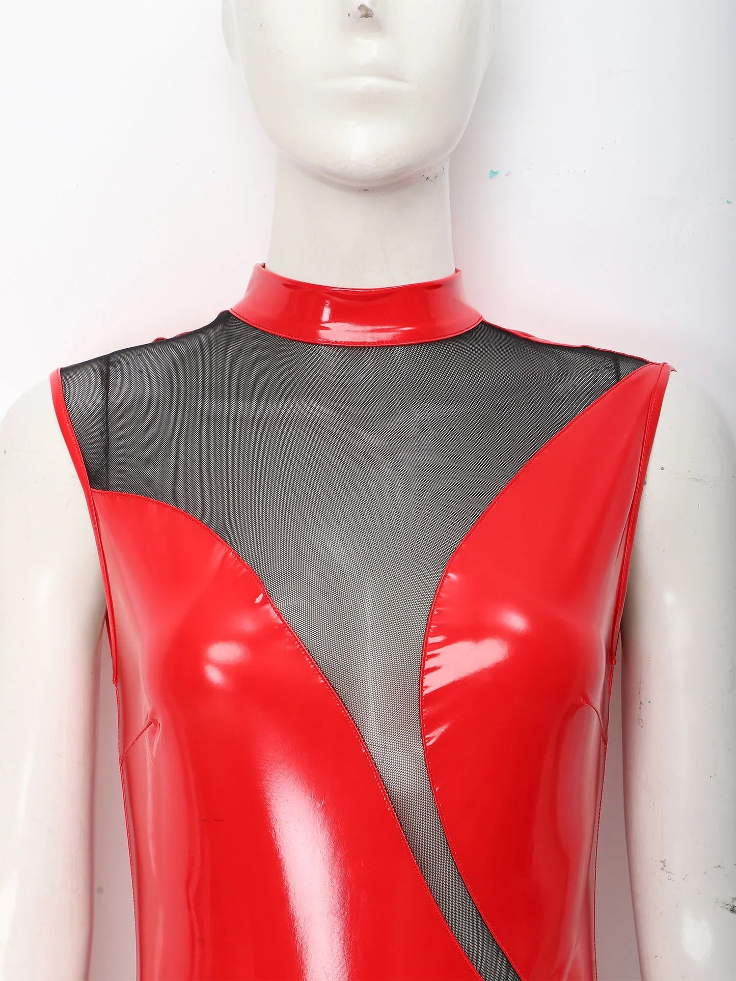 Womens Patent Leather Bodysuit Jumpsuit Sleeveless Invisible Zipper Back Mesh Patchwork Shiny Leotard for Disco Party Clubwear