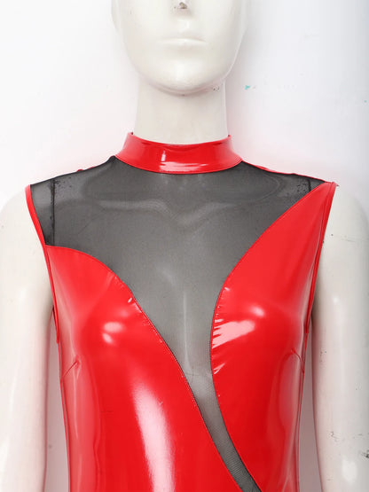 Womens Patent Leather Bodysuit Jumpsuit Sleeveless Invisible Zipper Back Mesh Patchwork Shiny Leotard for Disco Party Clubwear