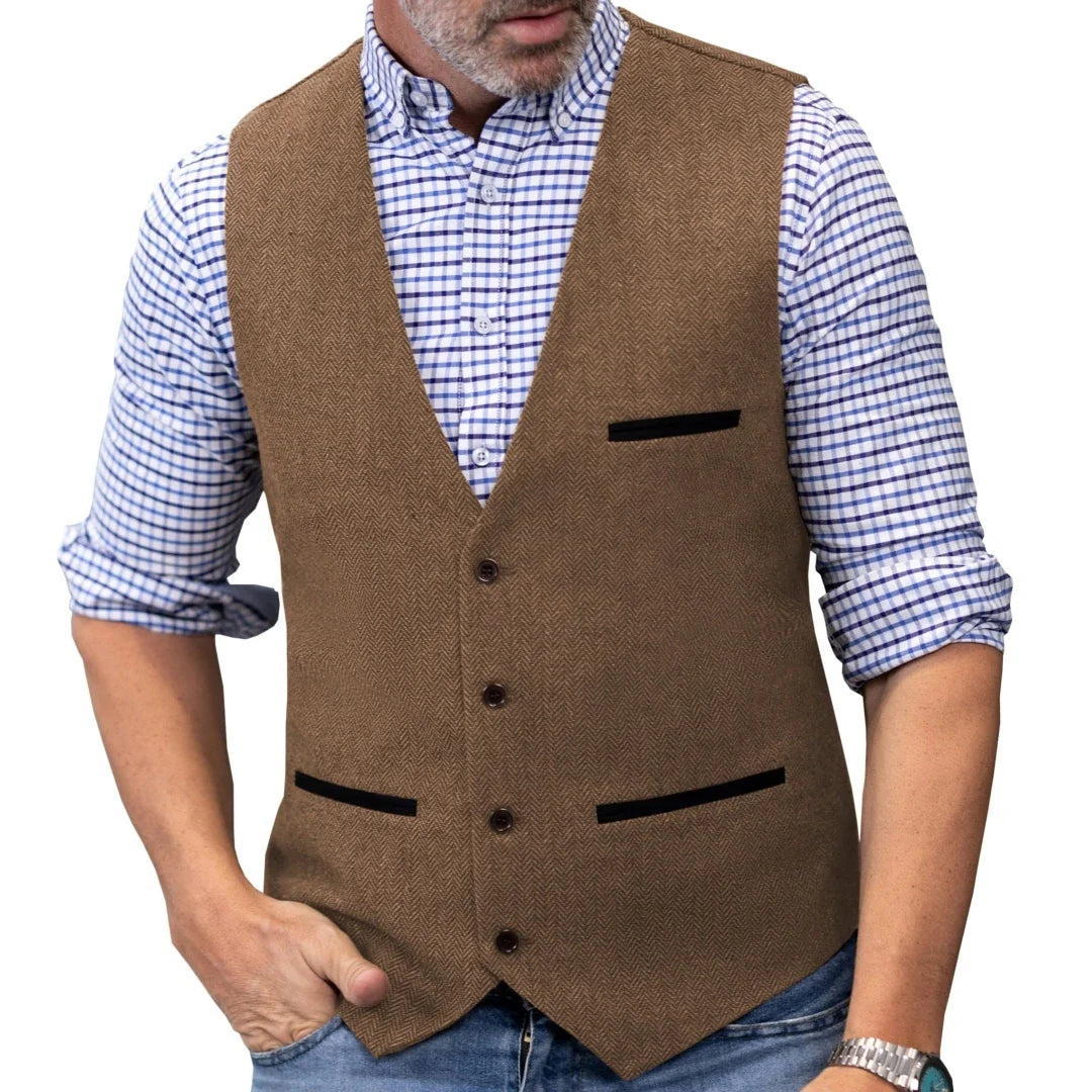 Men Vest Brown V Neck Single ButtonTweed Casual Business Waistcoat For Wedding Party Banquet Prom Work Men Suit Vest