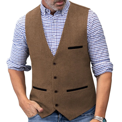 Men Vest Brown V Neck Single ButtonTweed Casual Business Waistcoat For Wedding Party Banquet Prom Work Men Suit Vest