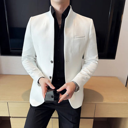 New Waffle Chinese Stand-Up Collar Blazers Men Slim Fit Business Casual Fashion Suits Jacket Formal Social Prom Party Tuxedos