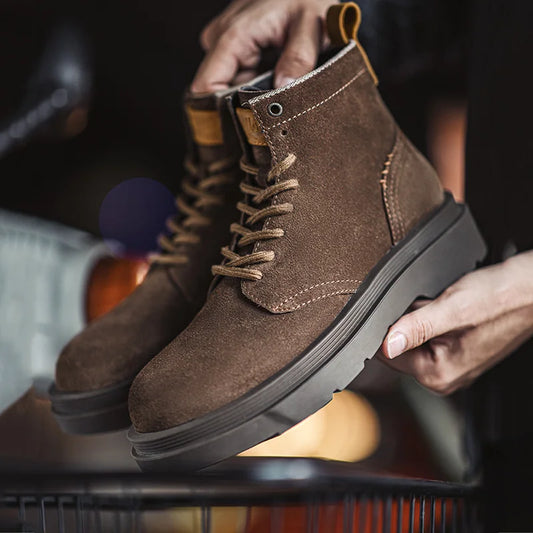 Maden New Vintage Brown Winter Work Boots Casual Suede High-top Boots Thick Soles Round Toes Shoes Men's Shoelaces Boots