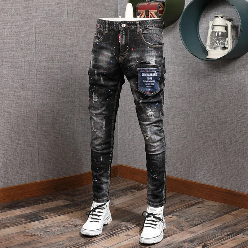 Fashion Streetwear Men Jeans Retro Black Blue Elastic Slim Fit Ripped Jeans Men Spliced Designer Embroidery Hip Hop Denim Pants