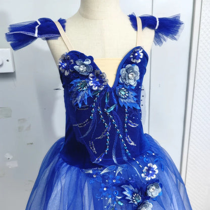 Long Ballet Tutu Skirts Blue 3d Flower Dress Performance Costumes Princess Dance Practice Romantic Dress