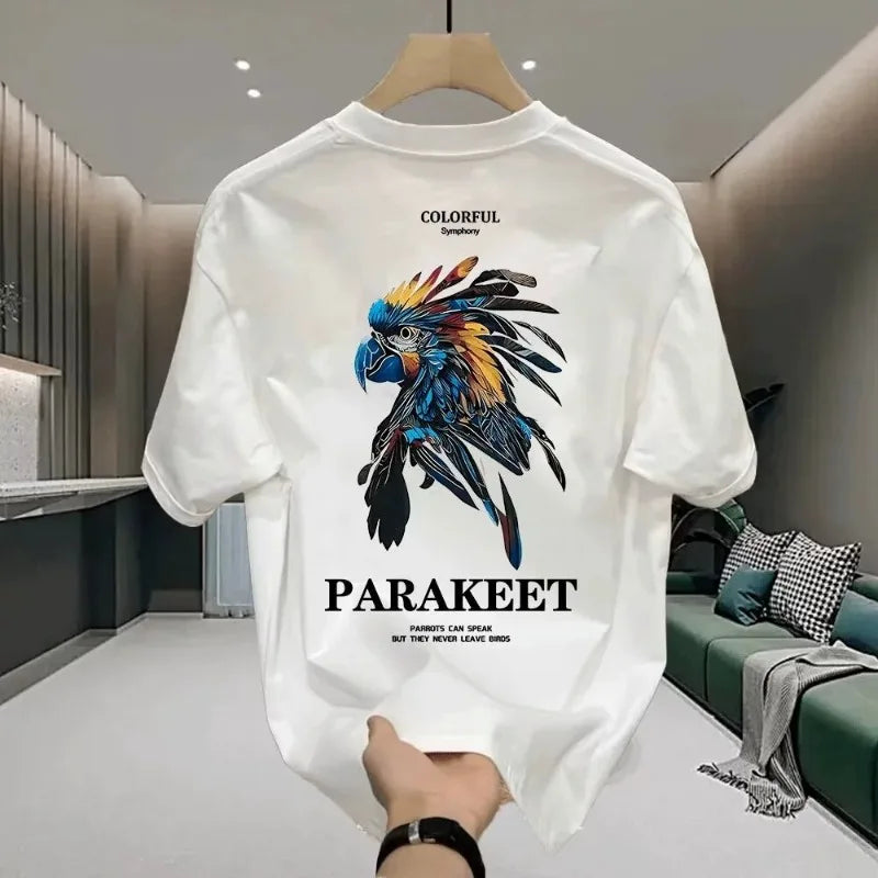 Men's Cotton T-shirts Fitted Black 5XL T Shirt for Men Casual Summer Wear Fashion Parakeet Print White Tee Shirts Men Clothing