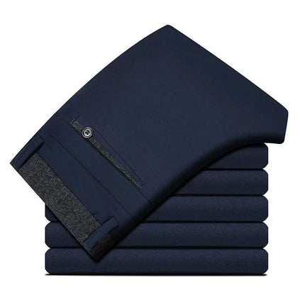 High Stretch Men's Dress Pants High Waist Elastic Formal Suit Pants Office Business Classic Casual Trousers Slim Fit Black Blue