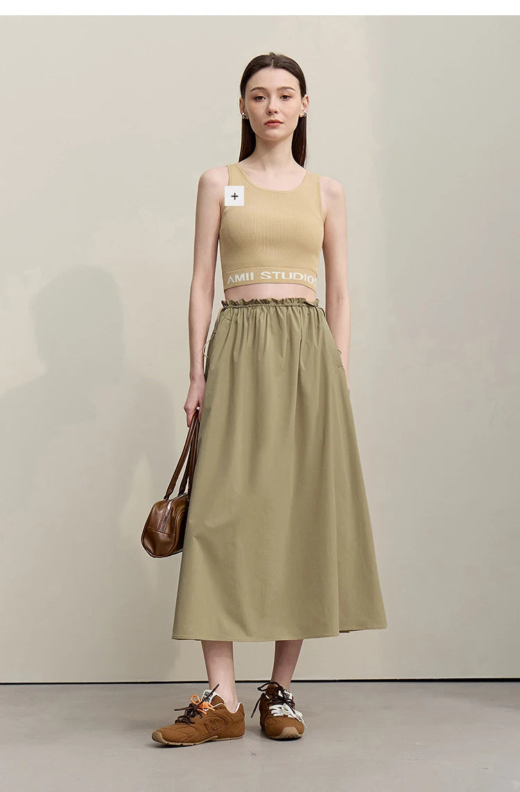Women's Skirt 2026 Summer New Ruffle Hem Elastic Waist A-Line Midi Skirt Casual Outdoor Loose Fit Skirt For Women 12622013