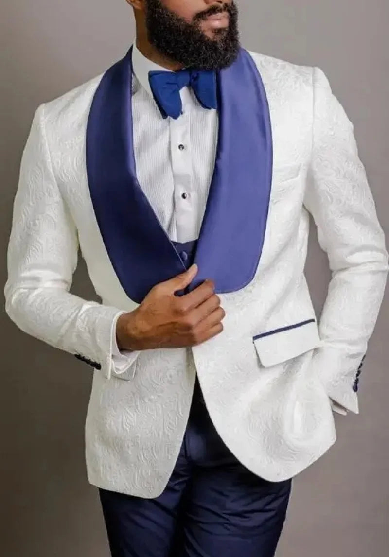 Homme Groomsmen Shawl Blue Lapel Groom Tuxedos Men Suit Wedding Prom Man Blazer 3 Pieces Jacket+Pants+Vest