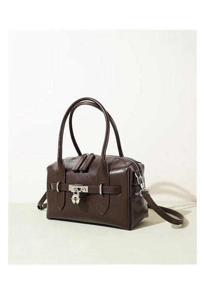 2025 Fall Winter New Top Grain Leather Spacious Boston Bag Lock Design Single Shoulder Crossbody Pack Women Commuting Handbag