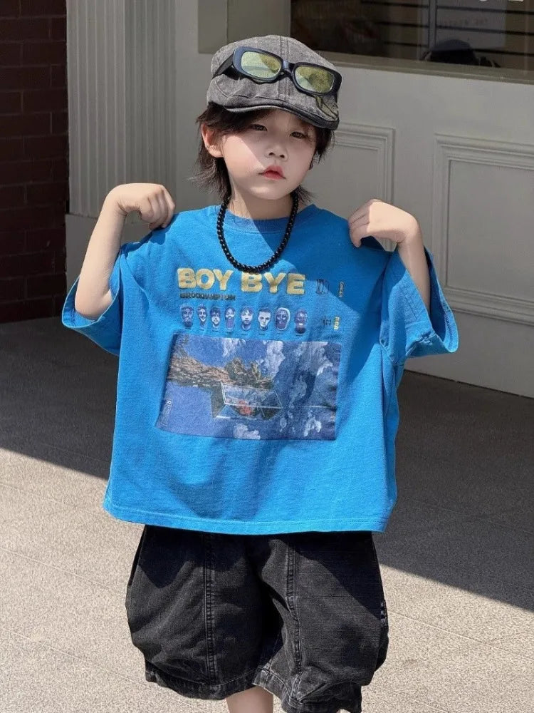 2026 New Boys' Summer Short Sleeve T-Shirt 100% Cotton Stylish Printed Half Sleeve Kids' Tops Trendy Cool Design for Boys