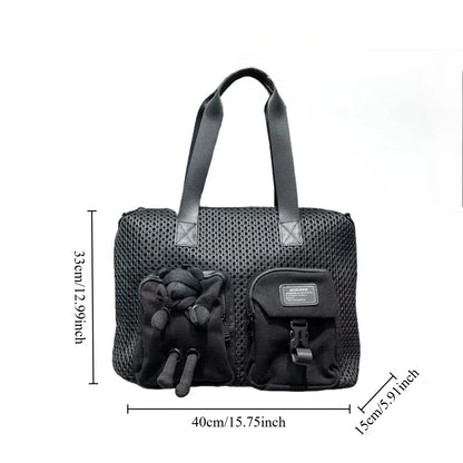Ladies' fashionable mesh splicing casual handbag with multiple pockets, teddy bear doll, single shoulder diagonal cross bag