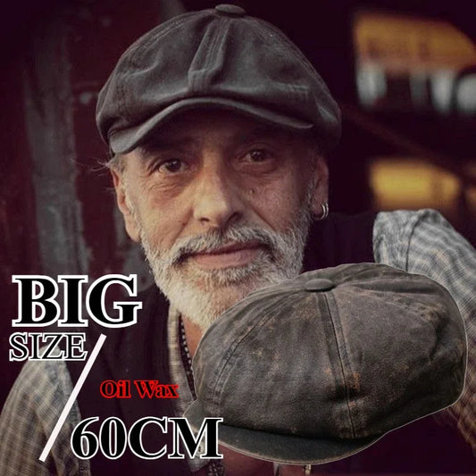 Retro Oil Wax Newsboy Caps Man Big Head XL60cm Windproof Beret Four Seasons Large Size Work Clothes Wear-resistant Octagonal Cap