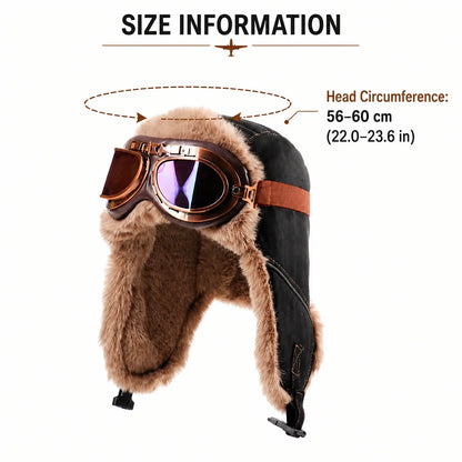 Retro Unisex Aviator Trapper Hat Faux Fur Thick Warm With Goggles Earflap Winter Cap For Cycling Outdoor Cold Protection