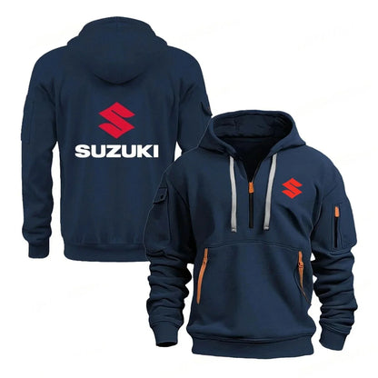Suzuki brand men's street sports motorcycle hoodie with printed design autumn and winter semi-zipper multi-pocket sweatshirt