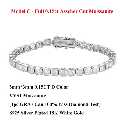 Full Asscher Cut 3x3mm 0.15CT Bezel Type Moissanite Tennis Bracelet for Women Men Party 925 Silver GRA Certified Bracelets