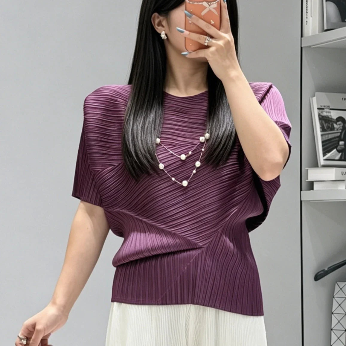 Miyake Pleated Top 2026 New Round Neck Short Sleeve Batwing T-Shirt Women Summer Lightweight Vacation Travel Women's Clothing
