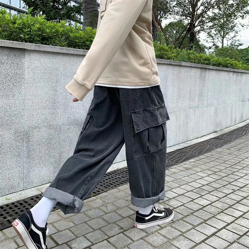 Baggy Jeans Men's Oversize Streetwear Fashion Wide Leg Cargo Pants Hip Hop Harajuku Multi-Pocket Denim Trousers Black Blue