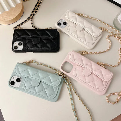 Crossbody Lanyard Wallet Phone Case For iPhone 15 14 13 16 Pro Max Card Holder Necklace Chain Luxury  Leather ( NO LOGO)